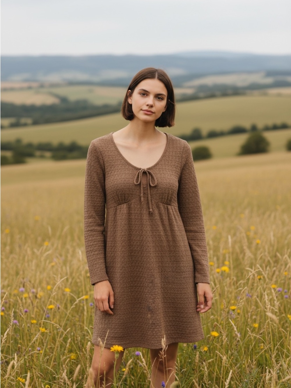 90’s-Y2K Brown Fall Boho Grunge Long-Sleeve Tie-Front Knit Dress Moa Moa SZ XL